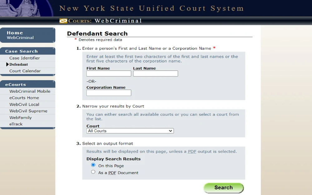 A screenshot from the WebCriminal site hosted by the New York State Unified Court System shows the defendant's search with the required fields (denoted by *), which includes the offender's full name; the searcher can narrow the result by selecting which court and an option to select the results format.