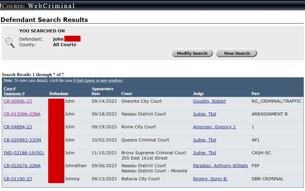 A screenshot from the defendant search showing the list of defendants, including the case number, appearance date, court, judge, and part; a link is attached to the case number column to view more information about the case.