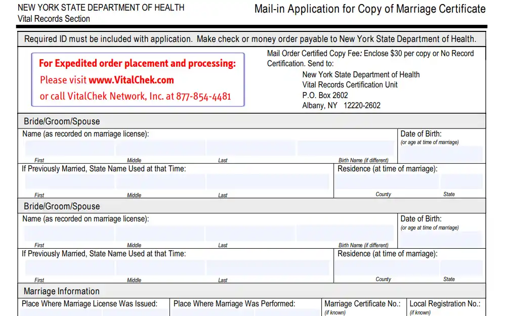 A screenshot of the form for the mail-in application for the copy of the marriage certificate offered by the New York State Department of Health shows the required fields that the requester must provide.