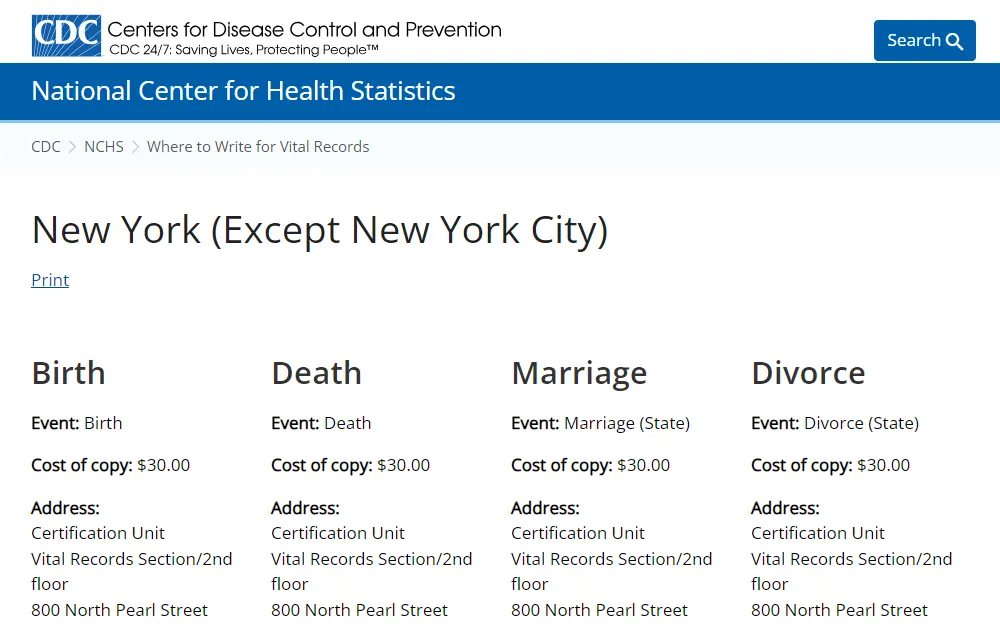 A screenshot from the Centers for Disease Control and Prevention's National Center for Health Statistics shows the available vital documents with their corresponding cost of copy and the address where to obtain such documents.