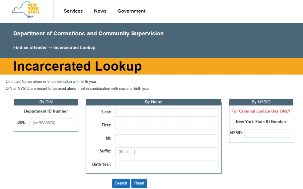 A screenshot of the Incarcerated Lookup from the New York Department of Corrections and Community Supervision shows the three options to search: Search by DIN, Name, or NYSID; the Department's logo appears at the top left corner of the image.