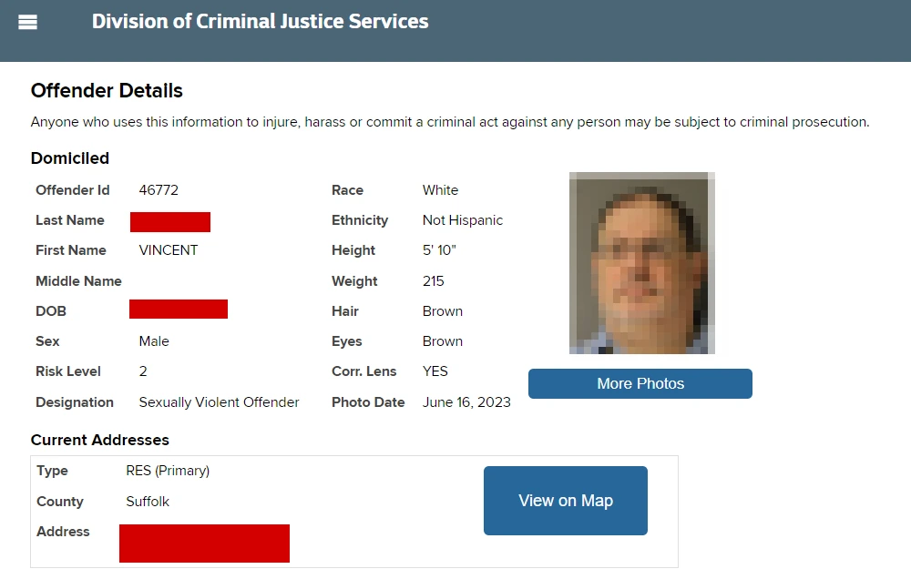 A screenshot from the Division of Criminal Services displaying offender details, including offense information, full name, DOB, address, physical identification, and mugshots.