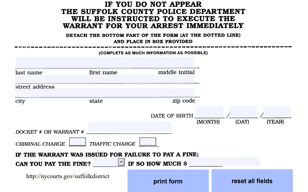 Screenshot of the last section of the application form from Suffolk County District Court displaying a note and fields for the warrant information such as full name, address, birthdate, docket or warrant number, type of charge, and ability to pay fine.