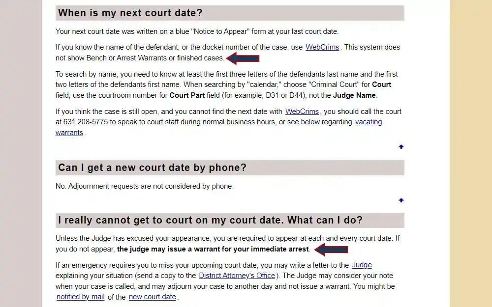 Screenshot of a part of the frequently asked questions in the criminal court division, displaying the information about warrant issuance and viewing in Suffolk county.