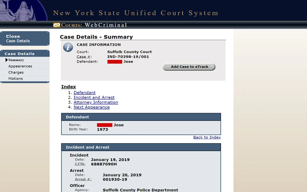 A screenshot from the New York State Unified Court System detailing the court, case number, and defendant's name, along with sections for defendant information, incident and arrest details, attorney information, and the next court appearance.