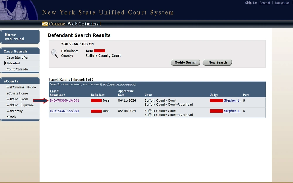 A screenshot shows a defendant search result page from the New York State Unified Court System detailing two cases for an individual in Suffolk County Court, with appearance dates, the presiding judge's name, case identification numbers, and options to modify or initiate a new search.