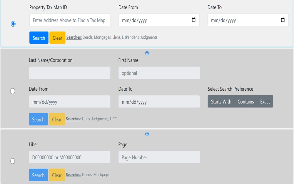 A screenshot showing the property search portal offered by the Suffolk County Clerk displays the available search options, including search by property tax map ID, name/corporation name, etc., and each required field.