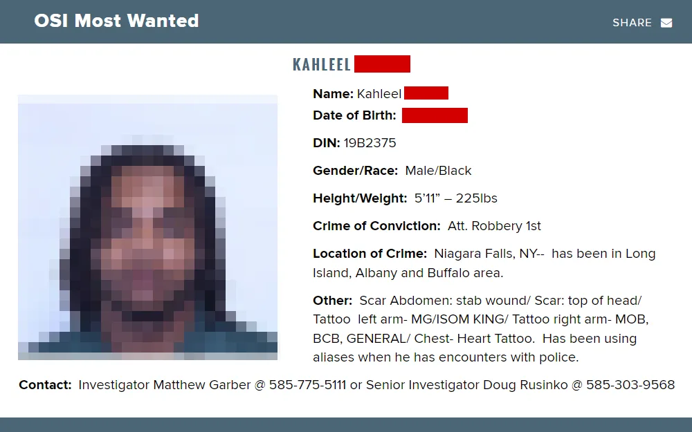 A screenshot of a mugshot of one of the most wanted persons by the New York Office of Special Investigations displays details such as name, birthdate, DIN, gender, race, height, weight, crime of conviction, location of crime, and other identifying characteristics.