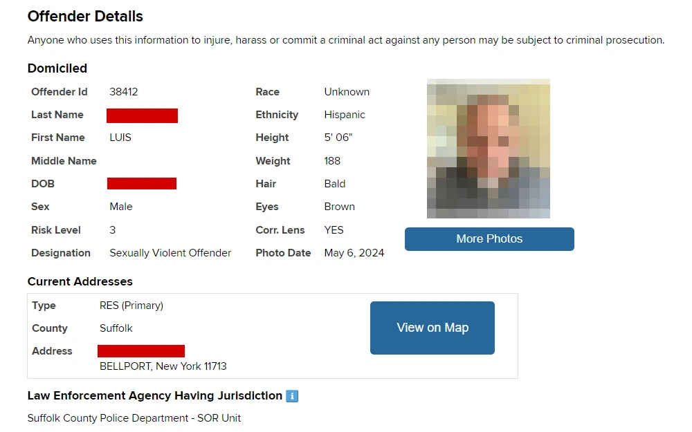 A screenshot from the sex offender registry of the New York Division of Criminal Justice Services shows an offender's details including his mugshot, name, offender ID, date of birth, sex, risk level, designation, personal description, addresses, and the jurisdiction the offender is under.